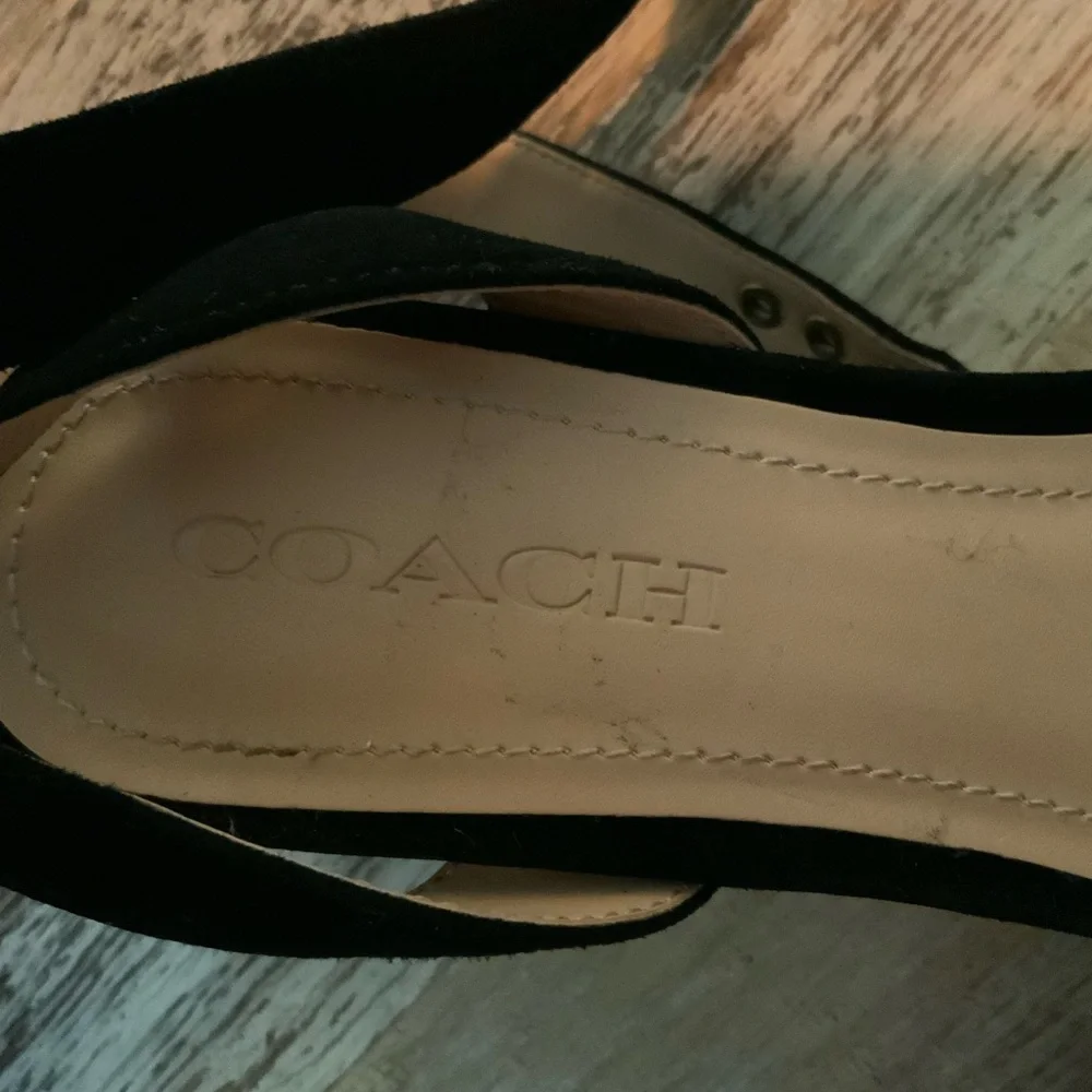 Coach Black Suede Ankle-Strap Block Heel Sandals with Gold Buckle Size 9